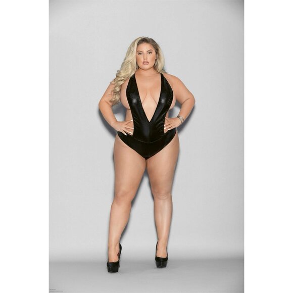 Escante Liquid Look Chain Back Open Crotch Teddy - Queen Size - Black - Picture 2 of 3